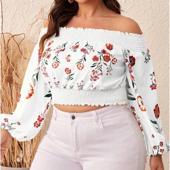 Boho Plus Size Off Shoulder Floral Print Smocked Cropped Top Shirt Blouse White - Picture 3 of 6